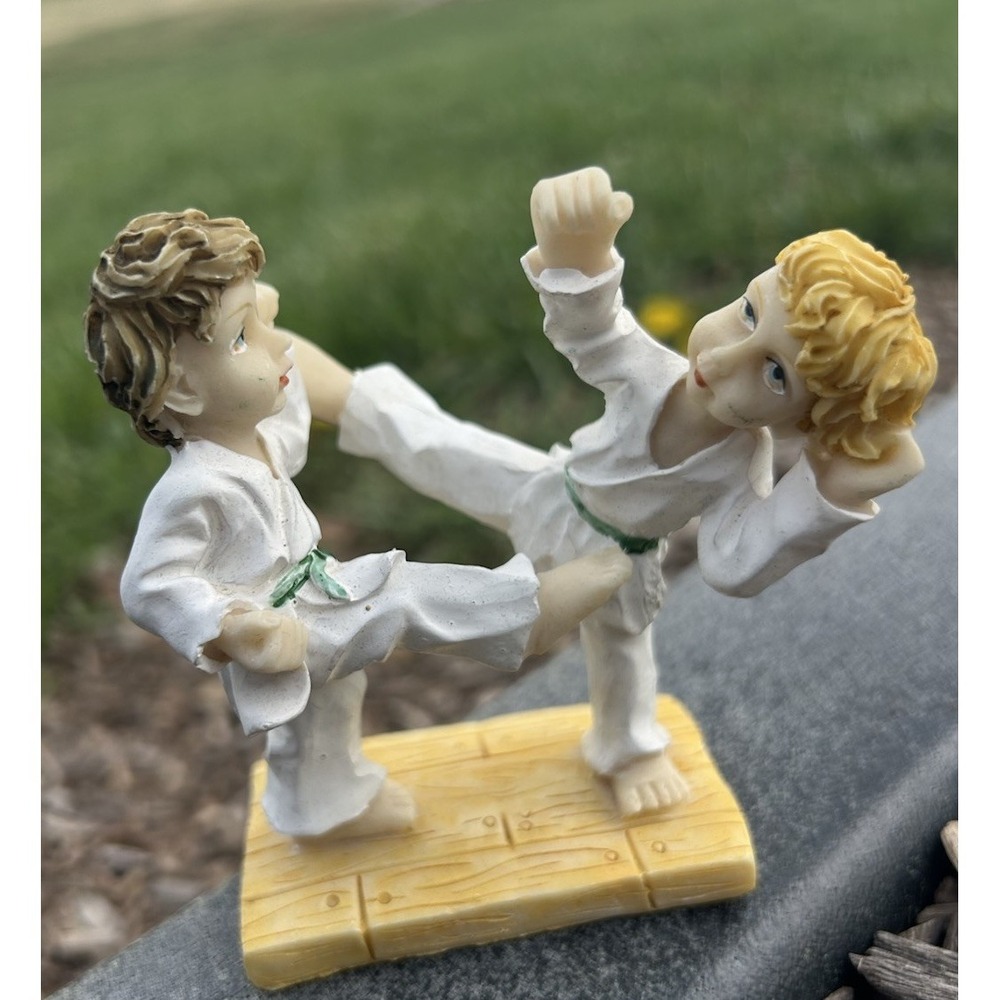 Two Children Karate Resin Figure 3" Green Belt Kicking